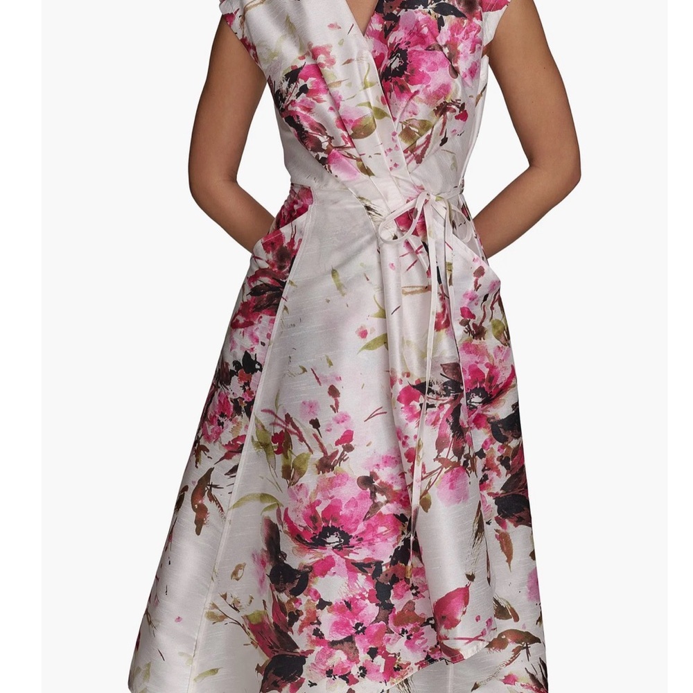 Donna Karan White Floral Wrap Midi Dress with Pink Accents - Picture 5 of 14